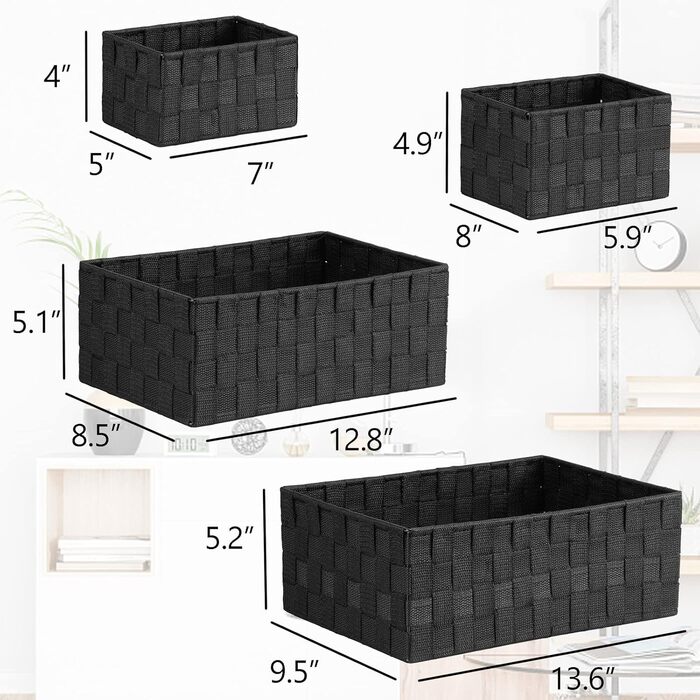 Posprica Drawer Organizer, Handwoven Storage Boxes Closet Divider for Desk, Dresser, Drawers, Cabinets, Cosmetic Organization, 4-Piece Set (Black, 6 Pieces)