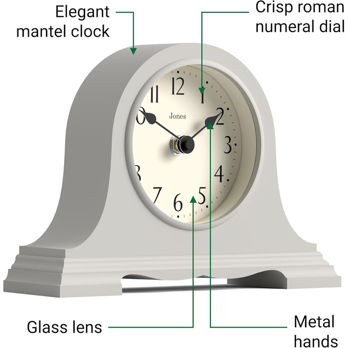 JONES CLOCKS® Speakeasy Table Clock | Classic Napoleon Hat Design | Gray | Contemporary classic style for desk, table, shelf, or bedside table