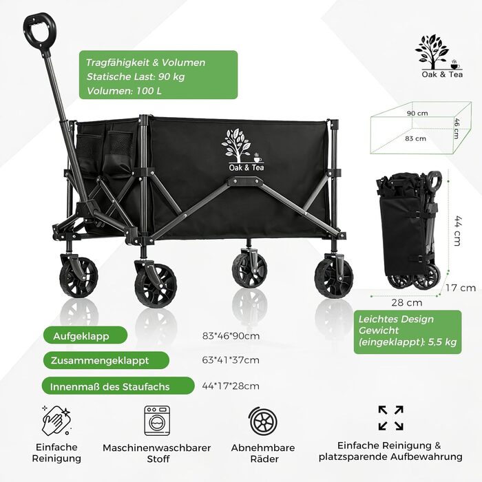 Візок складний Oak & Tea Bollerwagen 100л, вантажопідйомність 90кг – для кемпінгу, саду, покупок. З автоматичним механізмом складання, знімними колесами та тримачами для напоїв