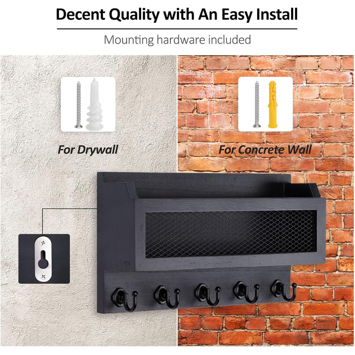 Brief and key holder for wall decoration, 27.9 cm (11 inches) wooden wall key organizer with 5 key hooks, wall mount, storage shelf for entryway, hallway (white) (black)