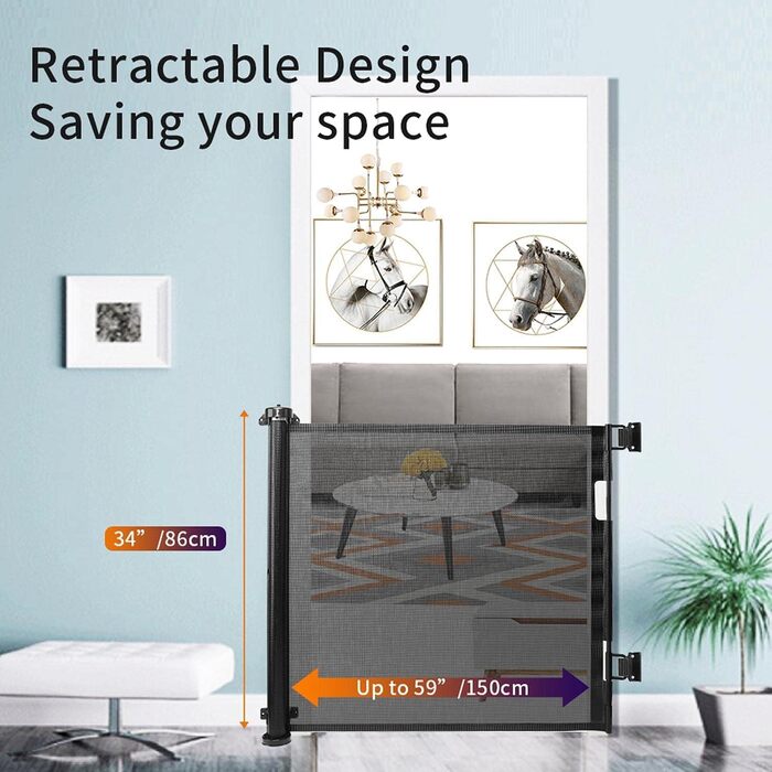 Захисний бар'єр для дитячих воріт, розтяжний 0-150 см, для дітей, котів та собак, внутрішнє та зовнішнє використання (Чорний-150 см)