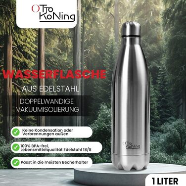 Термос-термопляшка з нержавіючої сталі Otto Koning, 1000 мл, подвійні стінки, вакуумна ізоляція, BPA-free, сріблястий