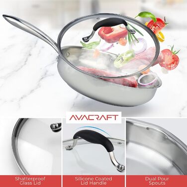 Сковорода Avacraft з нержавіючої сталі 18/10 Tri-Ply з кришкою, боковими виливами, Cool-Touch ручкою, для індукційних плит, 10 дюймів