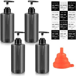 4 шт. Наповнювані порожні флакони для шампуню, 500 мл, флакони-дозатори для мила, пластикові флакони з помпою, дозатори для лосьйонів, рідкого мила, шампуню, кондиціонера, гелю для душу, наклейки (прозорий/чорний, плоский наконечник)
