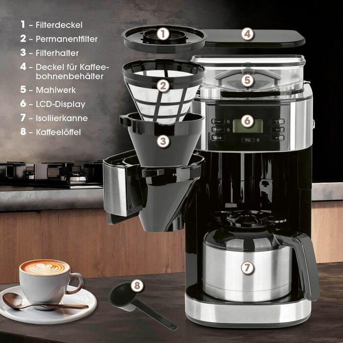 Кавомашина Barista Filterkaffeemaschine з регульованим млинком та термокружка | Функція підігріву, таймер 24 год та перманентний фільтр | Для 10 чашок кави | Кавомашина для зерен та меленої кави [Нержавіюча сталь] 5) Нержавіюча сталь - термокружка - з мли
