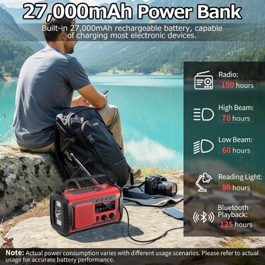 Радіо на сонячній батареї та ручному приводі 27000mAh з Bluetooth, FM/AM, SOS сигналом, динаміком та підключенням для навушників (Армійський зелений)
