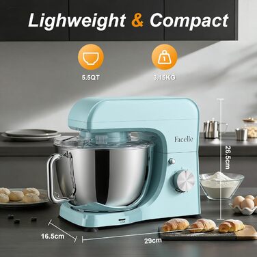 Кухонний комбайн-міксер 1300W з планетарним змішуванням, чаша 5.5л з нержавіючої сталі, 10 швидкостей, набір насадок та захист від бризок, Блакитний