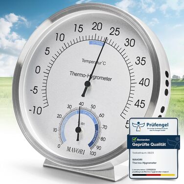 MAVORI® 2-in-1 Stainless Steel Thermometer & Hygrometer | Analog Hygrometer & Thermometer | Humidity Meter & Room Thermometer for a Healthy Indoor Climate | Ø 12.5cm