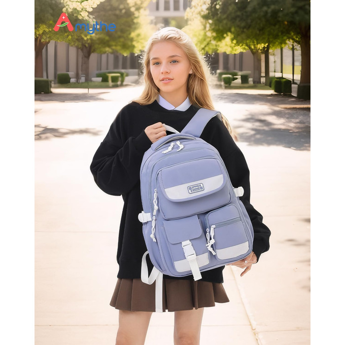 Рюкзак для підлітка, шкільний рюкзак для дівчинки з багатьма відділеннями, рюкзак для учнів 3-5 класів, середньої та старшої школи, нейлоновий рюкзак для подорожей та відпочинку, блакитний
