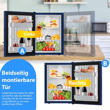 Міні-холодильник KESSER® Minibar 40L з дверцятами з прозорого скла, Navy Blue - ідеальний для кемпінгу, офісу, спальні, готелю, кухні. Безшумний, з можливістю зміни дверцят та внутрішнім освітленням, з відкривачем для пляшок.