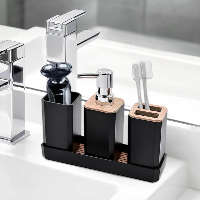 Набір аксесуарів для ванної кімнати Volumoon 5 шт. з бамбука: миловарка, стаканчик для зубної щітки, миловарка, мильниця, чорний. Декоративні аксесуари для ванної та умивальника.