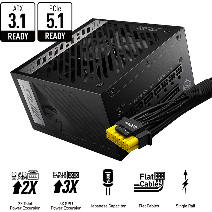 Блок живлення MSI MPG A1000G PCIE5 1000W, 80 Plus Gold, ATX 3.0, PCIe 5.0, повністю модульний