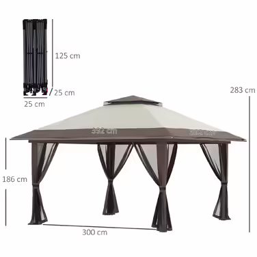 Outsunny Folding Gazebo 4x4m Garden Gazebo Adjustable Height with UV Protection & Mosquito Curtains, Double Roof in Beige for Garden Parties
