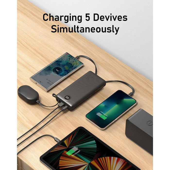 Power Bank 10000mAh з LED дисплеєм та інтегрованими кабелями. Сумісний з iPhone, iPad, Samsung, Xiaomi, Google Pixel. Чорний