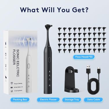 Електрична зубна нитка | 3 режими + 50 насадок, Power Flosser, очищувач язика, альтернатива водяному флосеру