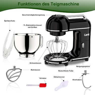 Кухонний комбайн-міксер Camic 2000W, чаша зі сталі 7л, 10 швидкостей, з набором насадок (гак, вінчик) та захистом від бризок, чорний