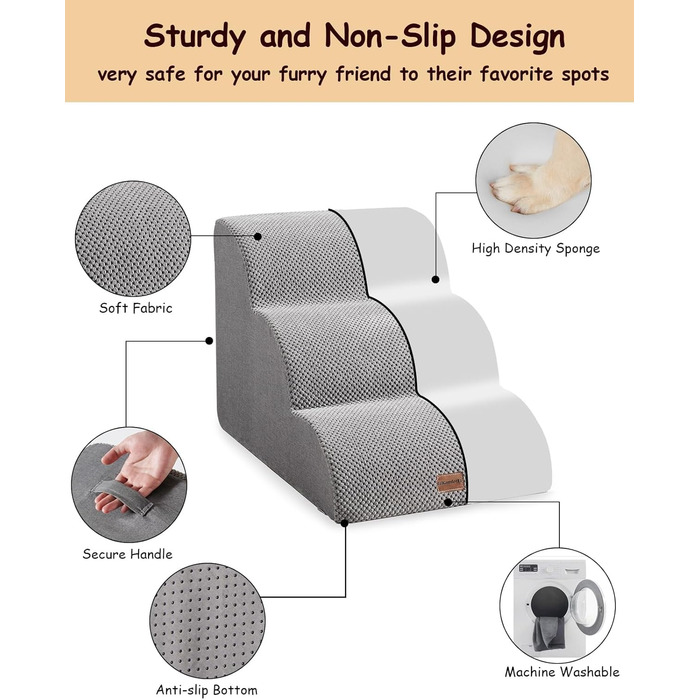 Сходинки для собак 3 сходинки, антиковзкі, сірого кольору. Підходять для маленьких собак, знімний та миючий чохол, 41 см заввишки