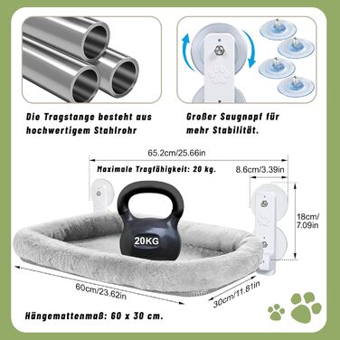 Лежанка для котів на вікно 60x30 см, гамак для котів зі стабільними присосками, складане ліжко для котів на віконну раму, підходить для котів вагою до 20 кг (з ліжком для котів XL, сірий)