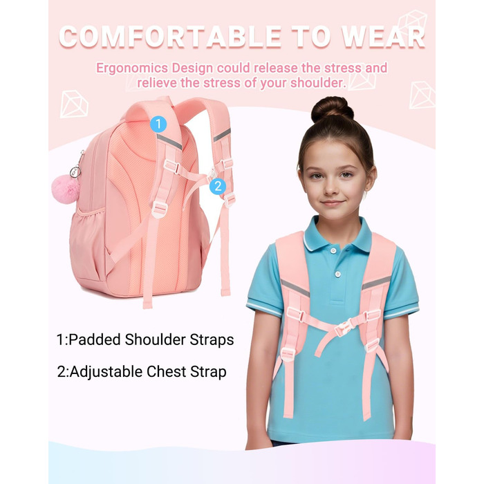 Дитячий рюкзак для школи DivingBirds, 2-7 клас, 22L, рожевий | Зручне дихаюче спинне відділення та м'які лямки | Рюкзак для дівчинки