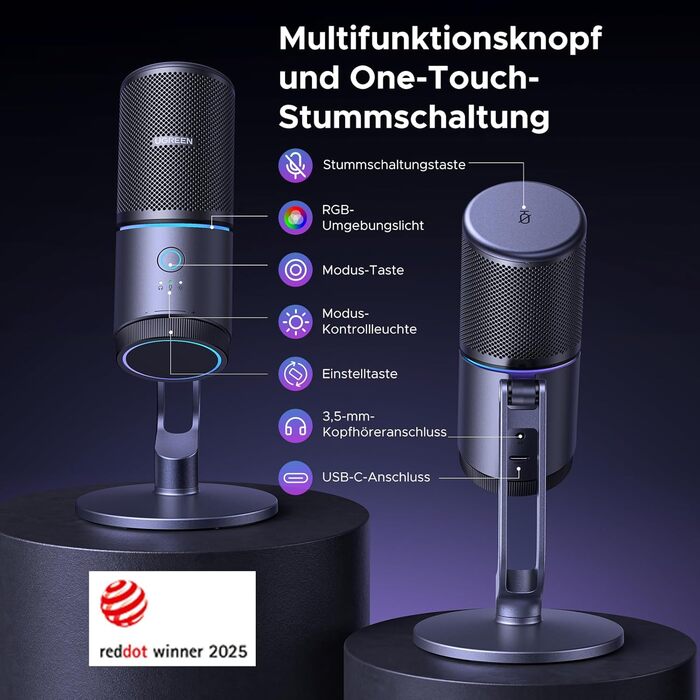 Мікрофон UGREEN для геймінгу та стрімінгу з RGB підсвічуванням USB, 24bit/96kHz, для ПК, PS5/PS4, запису, ноутбука