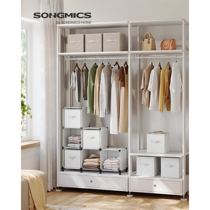SONGMICS Cube Shelf with 6 Boxes, Shelving System, Storage Shelf with 6 Cubes, DIY, Expandable, Space-Saving, Bedroom, White LPC062W06