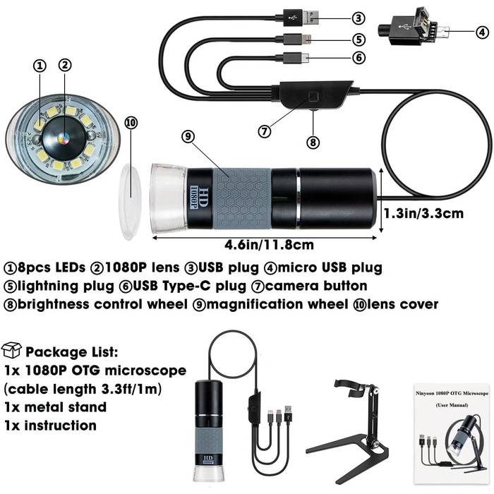 Цифрова мікроскоп-камера Ninyoon 1080P USB для iPhone, iPad, Android, PC, 50-1000x, з підсвічуванням, для монет, рослин, паяння, шкіри, скальпу