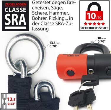 Замок-ланцюг KRASER KR50120L для мотоцикла, дисковий захист від крадіжки, U-образний замок Ø18 мм + ланцюг 120 см Ø13,5 мм, система петлі, сертифікат SRA, для мотоциклів та скутерів