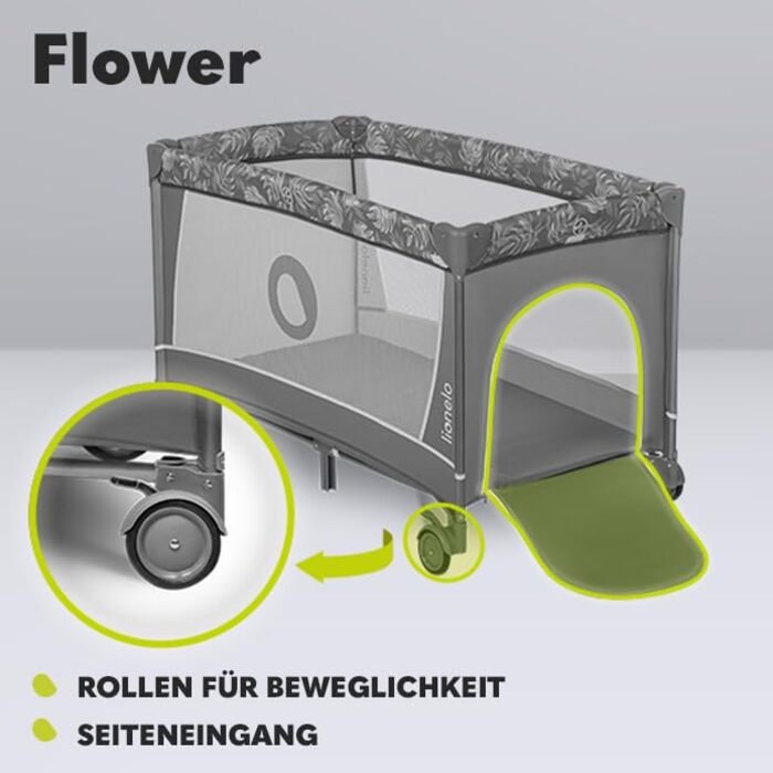Дитяче ліжечко-манеж Lionelo Flower 4в1 з боковим входом, пеленатором, двома рівнями висоти, ігровою дугою, колесами та сумкою, світло-сірий
