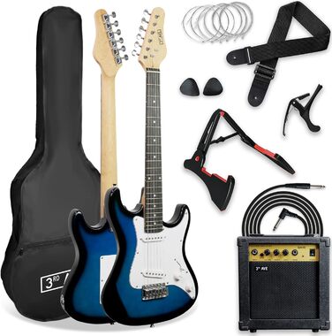 Електрогітара 3/4 розміру 3rd Avenue XF Ultimate Kit з підсилювачем 10W, тюнером, кабелем, стійкою, Gigbag, ременем, запасними струнами, медіаторами, каподастром - Початковий набір, блакитний