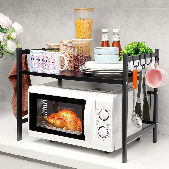 Регульована підставка для мікрохвильовки 2-ярусна, розширювана полиця для кухні з вуглецевої сталі з 8 гачками, органайзер для кухонних аксесуарів, стійка для мікрохвильовки та полиця для зберігання, кухонна полиця для випічки