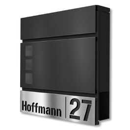 Поштова скринька Metzler Svena з нержавіючої сталі, чорна (RAL 9007) з табличкою для імені та номера будинку, відділення для газет, розмір 37x37x10.5 см