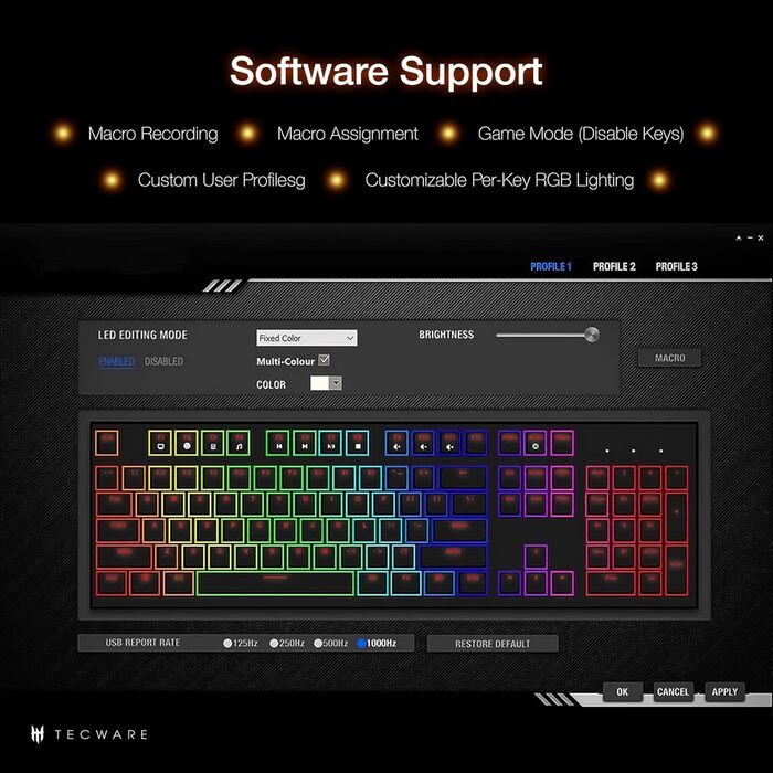Механічна клавіатура TECWARE Phantom+ 87 клавіш RGB з Wraith-червоними перемикачами (чорна)