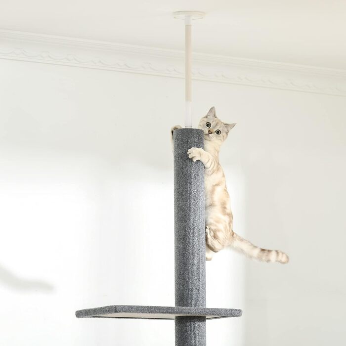 PawHut Cat Tree, Ceiling-High, 228-260 cm Adjustable Height Cat Tree, Climbing Tree for Cats with 3 Levels, Cat Scratching Post, Floor-to-Ceiling Play Tree Grey