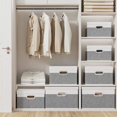 Yawinhe 3-Piece Storage Boxes with Lids, Foldable Fabric Box with Handles, Storage Boxes, for Bedroom, Clothes Storage, 32x23x20cm, SNK023G-3 (32x23x20cm/3-Pack, White/Gray)