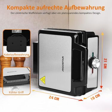 Вафельниця Aigostar для 2 бельгійських вафель, 1600W, антипригарне покриття, LED-дисплей, компактний дизайн з нержавіючої сталі, BPA та PFOA free
