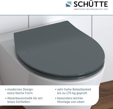 Сидіння для унітазу SCHÜTTE SLIM з мікроліфтом (Duroplast), швидкознімне, витримує до 175 кг, колір антрацит (чорний)