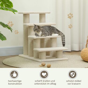 PawHut Pet Stairs Cat Stairs Dog Stairs Stairs for Cats and Dogs 4 Steps 63.5x43x60cm (Cream White)