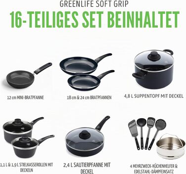 Набір посуду GreenLife Soft Grip з керамічним антипригарним покриттям, 16 предметів (сковорода, сотейник, каструлі), без PFAS, підходить для посудомийки та духовки, чорний