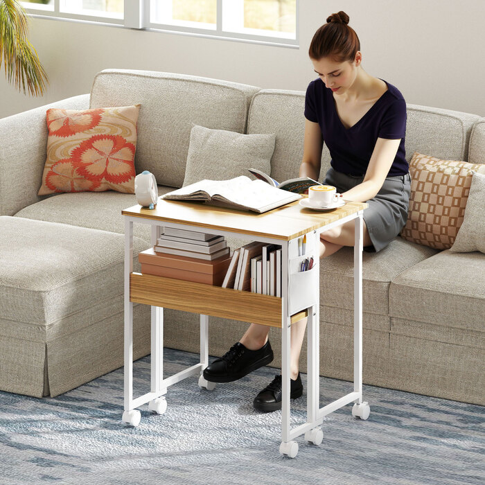 HOMCOM Folding Desk Small 63 cm Folding Desk with Wheels Space-Saving Computer Desk with Shelf, Storage Bag, for Home Office, Natural | Aosom