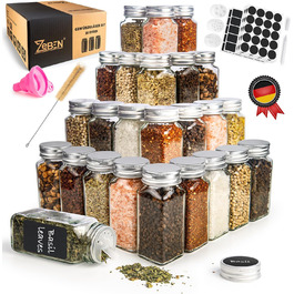 Набір банок для спецій ZEBEN® кутовий [25 шт 120мл] - 25 банок для спецій, мірний дозатор, етикетки, маркер, силіконовий воронка, щітка для чищення
