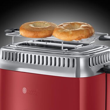Russell Hobbs Toaster [for 2 slices] Retro Stainless Steel Red (Retro-style countdown display, includes bread roll attachment, 6 browning levels + defrost & reheat function, 1300W) Vintage 21680-56