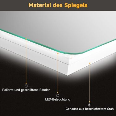 Дзеркало для ванної кімнати SONNI з LED-підсвічуванням, 100 x 60 см, антизапарник, IP44, сенсорне керування, 3 кольори світла