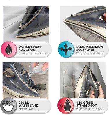 Праска Beldray 2600 Вт з керамічною підошвою з антипригарним покриттям, регулюванням температури та подачі пари, функцією самоочищення, резервуаром 280 мл, парою до 140 г/хв, висока потужність (UK-штекер, титан)