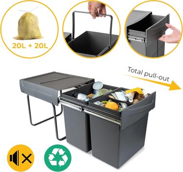 Відро для сміття кухонне Emuca з підвісною системою, 2 висувні контейнери по 20 л, загальний об'єм 40 л (2 x 20 л), сталь та пластик, антрацитовий колір
