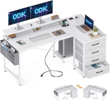 Кутовий письмовий стіл ODK білий L-подібний, 140x80x84,7 см, з 4 шухлядами, моніторною полицею, USB-портами та розетками для домашнього офісу