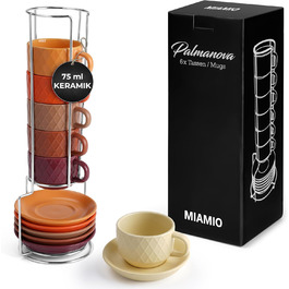 MIAMI – 6 x 75 ml Espresso Cups/Espresso Cup Set with Stand Stoneware Ceramic - Palmanova Collection (Magma)