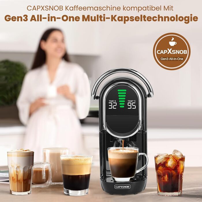 Кавомашина Magician1 Mini Kapselmaschine 5в1 для капсул Nespresso, Dolce Gusto, Lavazza A Modo Mio, ESE 44 та кавової гущі | 20 бар, 1450 Вт, LED-дисплей, 7 рівнів води | Для дому та офісу (Чорний)