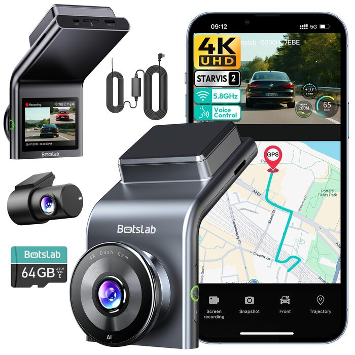 Автомобільний відеореєстратор BOTSLAB G300H Plus Kit 4K, передня та задня камери, сенсор STARVIS 2, з Hardwire-Kit та карткою пам'яті 64GB