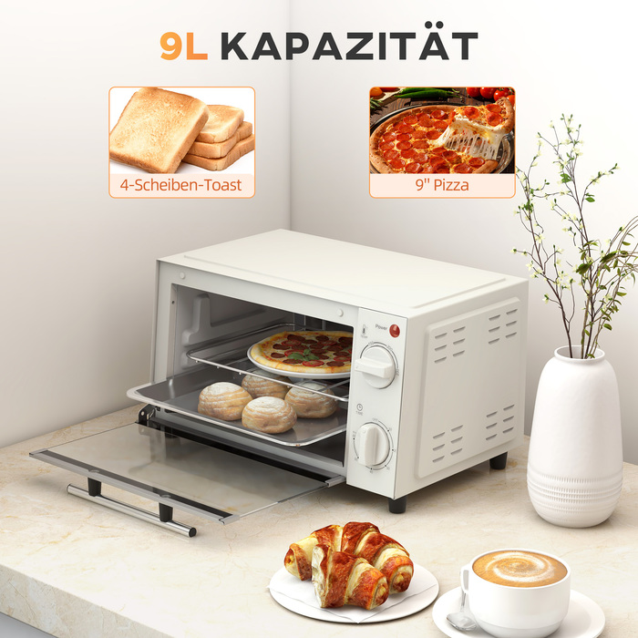 HOMCOM 9L Mini Oven with Baking Tray, Grill Rack, 100°C-230°C, with Adjustable Temperature and Cooking Time, 60 Min. Timer, 750W, Stainless Steel, Cream White | Aosom