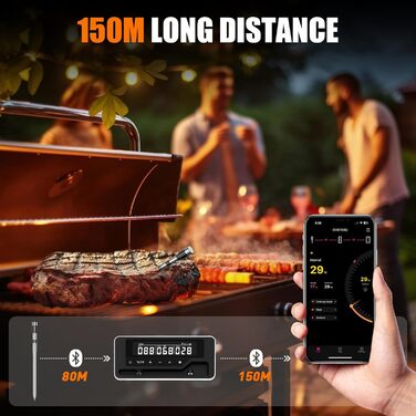 Бездротовий термометр для м'яса з Bluetooth, для гриля, духовки, мангалу, ротисерії, Airfryer, IP67 водонепроникний